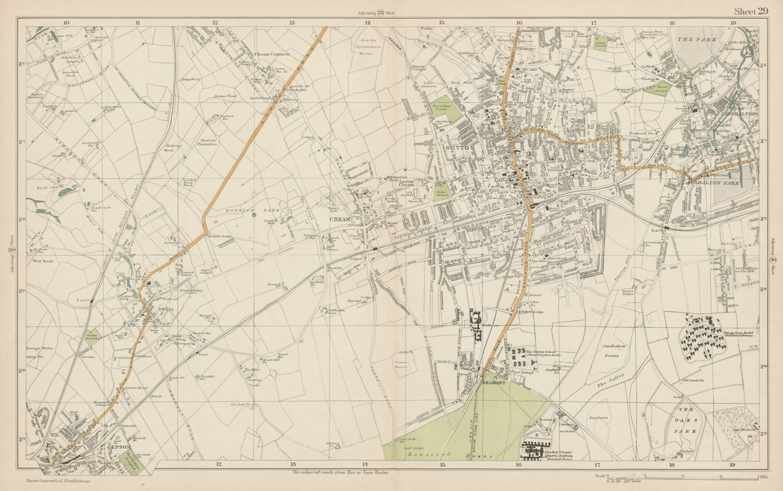 SUTTON Cheam Epsom Belmont Carshalton Ewell Banstead Downs. BACON  1919 map
